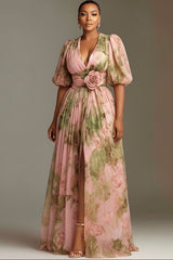 V neck chiffon maxi dress | peach floral