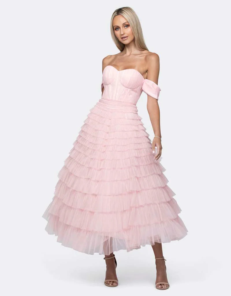 Bariano Theodora Off Shoulder Tea Length Midi Dress – the style squad