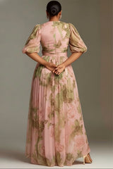 V neck chiffon maxi dress | peach floral