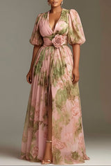 V neck chiffon maxi dress | peach floral