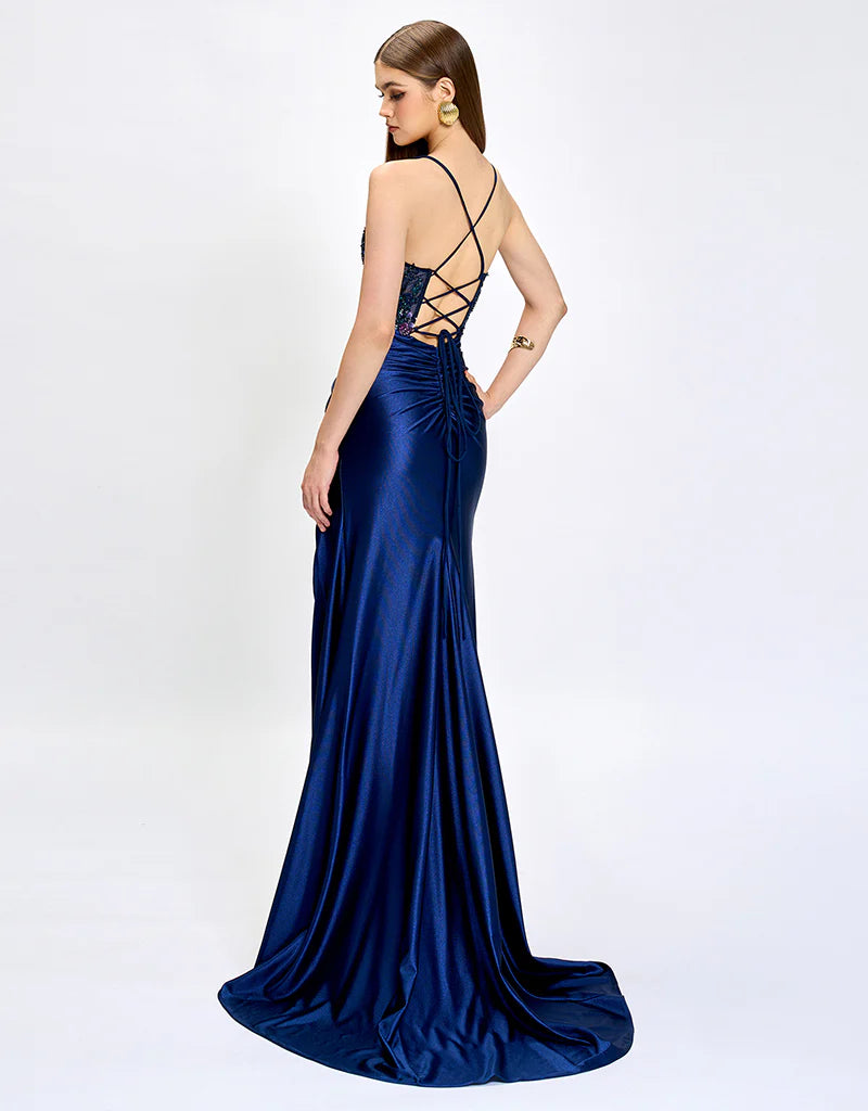 bariano blue sequin dress Bariano Nahdia Beaded Sequin Gown - Navy