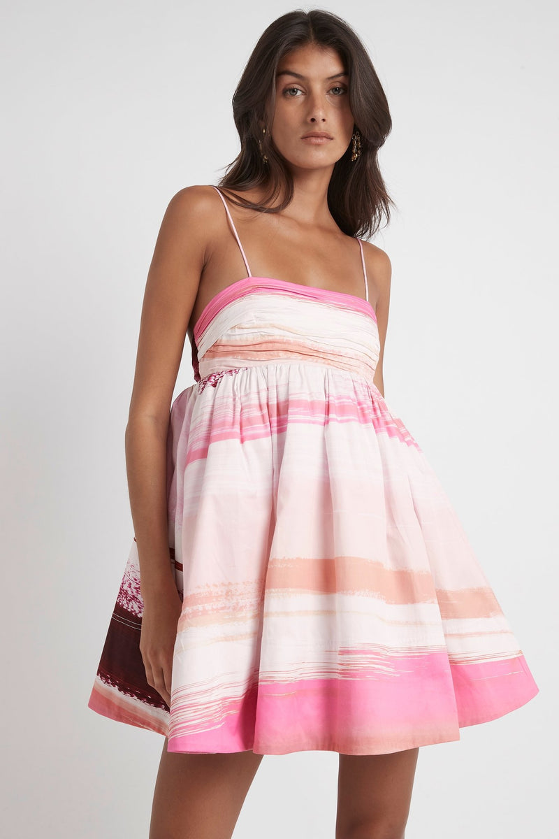 Aje Kasbah Sunset Stripe Ruched Bow Back Mini Dress