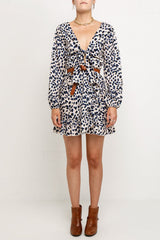 Winnie Long Sleeve Mini Faux Wrap Dress In Leopard