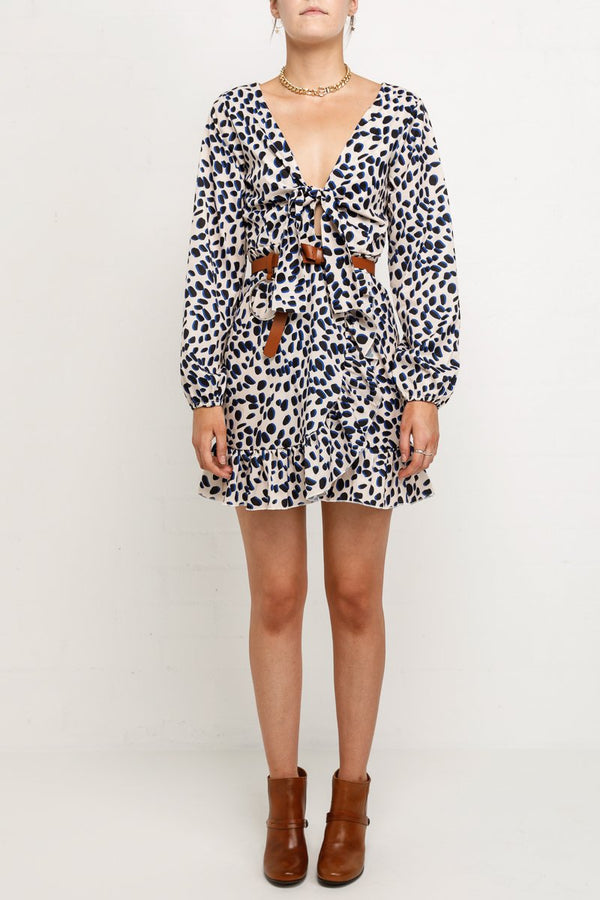 Winnie Long Sleeve Mini Faux Wrap Dress In Leopard
